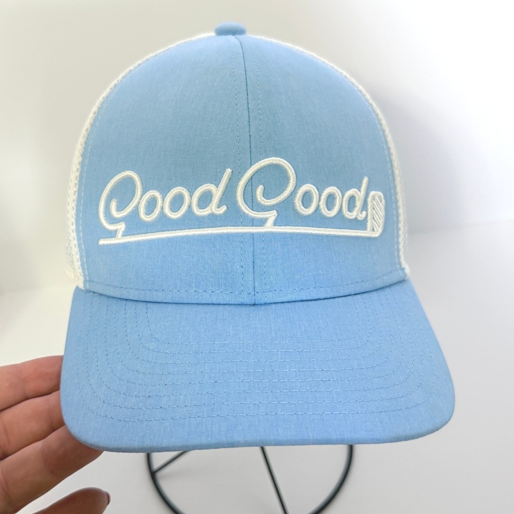 Good Good Golf Trucker Hat Blue White Script Logo Snapback Mesh Cap Mens